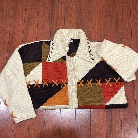 Hand Knit Alpaca Oversize Chunky Patchwork Cardigan ~Frontiers Scotland One Size - Picture 15 of 15